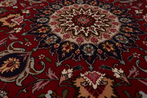 Round Burgundy, Navy, Ivory Color Hand Knotted Tabriz Round Wool Traditional Oriental Rug