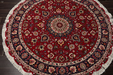 Round Burgundy, Navy, Ivory Color Hand Knotted Tabriz Round Wool Traditional Oriental Rug