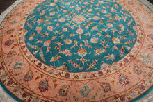 Round Turquoise, Rose, Beige Color Hand Knotted Tabriz Round Wool & Silk Traditional Oriental Rug