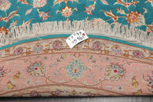 Round Turquoise, Rose, Beige Color Hand Knotted Tabriz Round Wool & Silk Traditional Oriental Rug