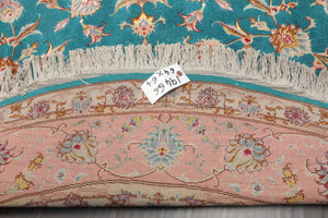 Round Turquoise, Rose, Beige Color Hand Knotted Tabriz Round Wool & Silk Traditional Oriental Rug