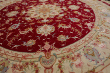 Round Red, Ivory, Blue Color Hand Knotted Tabriz Round Wool & Silk Traditional Oriental Rug