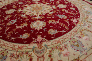 Round Red, Ivory, Blue Color Hand Knotted Tabriz Round Wool & Silk Traditional Oriental Rug