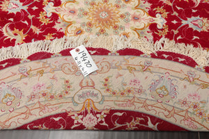 Round Red, Ivory, Blue Color Hand Knotted Tabriz Round Wool & Silk Traditional Oriental Rug