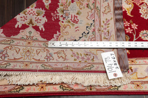 Runner Red, Ivory, Rose Color Hand Knotted Tabriz Wool & Silk Traditional Oriental Rug