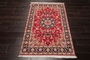 3x5 Red, Black, Tan Color Hand Knotted Tabriz Wool & Silk Traditional Oriental Rug