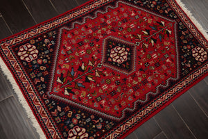 2x4 Red, Navy, Ivory Color Hand Knotted Abadeh Wool Traditional Oriental Rug