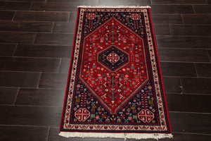 3x5 Red, Navy, Ivory Color Hand Knotted Abadeh Silk Traditional Oriental Rug