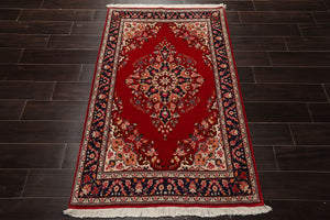 3x5 Red, Navy, Ivory Color Hand Knotted Tabriz Wool Traditional Oriental Rug