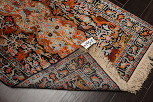 3x5 Black, Orange, Cream Color Hand Knotted Qum All Silk Silk Traditional Oriental Rug