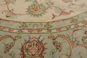 Round Ivory, Mint, Aqua Color Hand Knotted Tabriz Round Wool & Silk Traditional Oriental Rug
