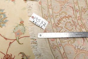 Round Ivory, Mint, Aqua Color Hand Knotted Tabriz Round Wool & Silk Traditional Oriental Rug
