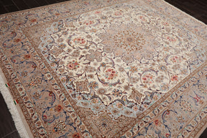 8x10 Ivory, Taupe, Navy Color Hand Knotted Isfahan Wool & Silk Traditional Oriental Rug