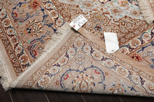8x10 Ivory, Taupe, Navy Color Hand Knotted Isfahan Wool & Silk Traditional Oriental Rug