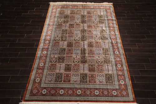 7x10 Hand Knotted Silk Garden/Panel Caramel Qum All Silk Traditional 600 KPSI Oriental Rug