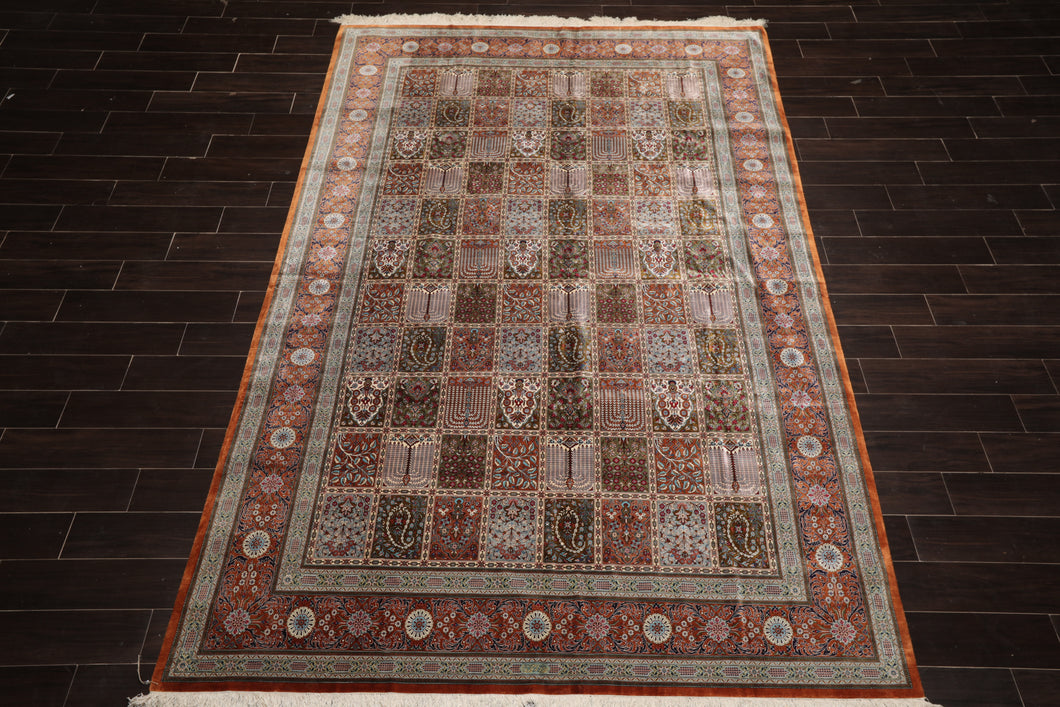 7x10 Hand Knotted Silk Garden/Panel Caramel Qum All Silk Traditional 600 KPSI Oriental Rug