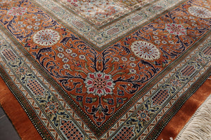 7x10 Hand Knotted Silk Garden/Panel Caramel Qum All Silk Traditional 600 KPSI Oriental Rug