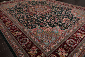 9x12 Emerald, Burgundy, Aqua Color Hand Knotted Sino Persian Wool & Silk Traditional Oriental Rug