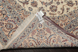 7x10 Ivory, Peach, Blue Color Hand Knotted Nain Wool & Silk Traditional Oriental Rug