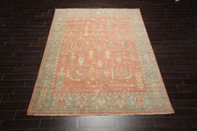 8x10 Orange, Sage, Gold Color Hand Knotted Distressed Wool Traditional Oriental Rug