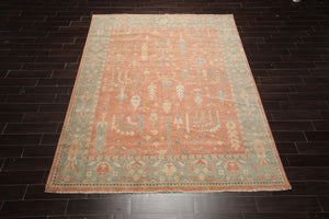 8x10 Orange, Sage, Gold Color Hand Knotted Distressed Wool Traditional Oriental Rug