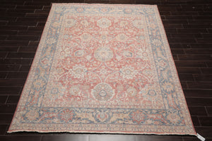 8x10 Coral, Beige, Gold Color Hand Knotted Distressed Wool Traditional Oriental Rug