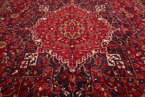 10x13 Red, Navy, Ivory Color Hand Knotted Heriz Wool Traditional Oriental Rug