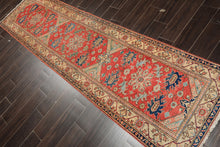 Runner Coral, Moss, Navy Color Hand Knotted Kazak Wool Traditional Oriental Rug