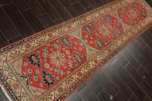 Runner Coral, Moss, Navy Color Hand Knotted Kazak Wool Traditional Oriental Rug