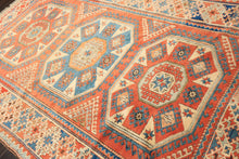 6x9 Burnt Orange, Ivory, Blue Color Hand Knotted Caucasian Kazak Wool Traditional Oriental Rug