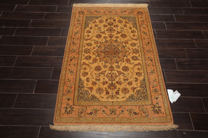 3' 1''x5' 2'' Hand Knotted 100% Wool Traditional Isfahan with 400 KPSI Oriental Area Rug Gold, Peach Color