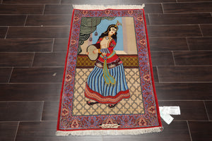 2' 5''x3' 10'' Hand Knotted 100% Wool Pictorial Tapestry Isfahan 300 kpsi Oriental Area Rug Beige, Blue Color