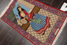 2' 5''x3' 10'' Hand Knotted 100% Wool Pictorial Tapestry Isfahan 300 kpsi Oriental Area Rug Beige, Blue Color