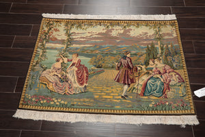 3' 2''x4' 10'' Hand Knotted 100% Wool French Tapestry Pictorial 300 kpsi Oriental Area Rug Beige, Black Color