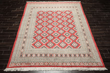 8x11 Coral, Ivory, Charcoal Color Hand Knotted Bokhara Wool Traditional Oriental Rug