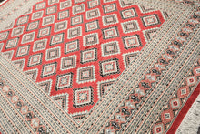 8x11 Coral, Ivory, Charcoal Color Hand Knotted Bokhara Wool Traditional Oriental Rug