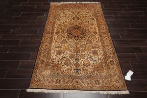 5x7 Tan, Brown Hand Knotted Persian 100% Silk Pictorial Kum 200 KPSI Oriental Area Rug