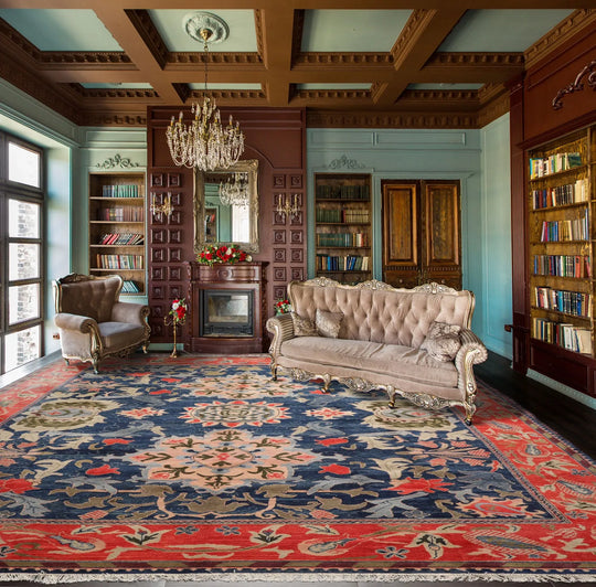 10x14 Navy, Coral Hand Knotted 100% Wool Turkish Oushak Arts & Crafts Oriental Area Rug