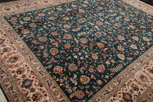 10x14 Hand Knotted Wool and Silk Traditional Tabriz 400 KPSI Oriental Area Rug Teal, Beige Color