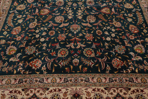 10x14 Hand Knotted Wool and Silk Traditional Tabriz 400 KPSI Oriental Area Rug Teal, Beige Color