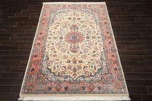 6x10 Ivory, Rose, Blue Color Hand Knotted Indo Tabriz New Zealand Wool Traditional Oriental Rug