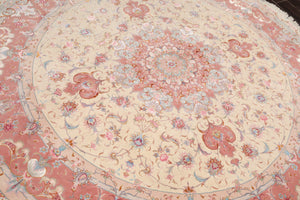 Round Hand Knotted Wool and Silk Traditional 350 KPSI Oriental Area Rug Ivory, Blush Color