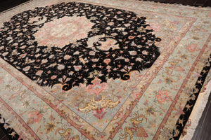 11' 6''x16' 10'' Palace Hand Knotted Wool and Silk Tabriz Traditional 400 KPSI Oriental Area Rug Black, Aqua Color