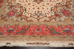 11'7'' x 16'9'' Ivory, Rose Palace Hand Knotted Wool and Silk Traditional Tabriz 350 KPSI Master Weaver Signed Oriental Area Rug