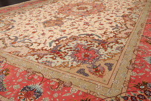 11'7'' x 16'9'' Ivory, Rose Palace Hand Knotted Wool and Silk Traditional Tabriz 350 KPSI Master Weaver Signed Oriental Area Rug