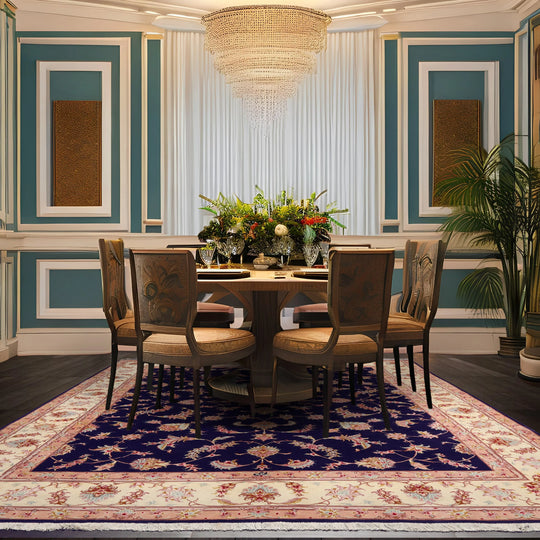 5x7 Hand Knotted Persian Wool and Silk Tabriz 300 KPSI Traditional Oriental Area Rug Blue,Ivory Color