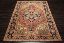 9x12 Burnt Orange, Navy, Ivory Color Hand Knotted Heriz Wool Traditional Oriental Rug