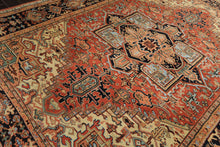 9x12 Burnt Orange, Navy, Ivory Color Hand Knotted Heriz Wool Traditional Oriental Rug