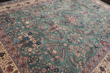 9x12 Turquoise, Ivory, Navy Color Hand Knotted Sarouk Wool Traditional Oriental Rug