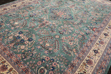 9x12 Turquoise, Ivory, Navy Color Hand Knotted Sarouk Wool Traditional Oriental Rug